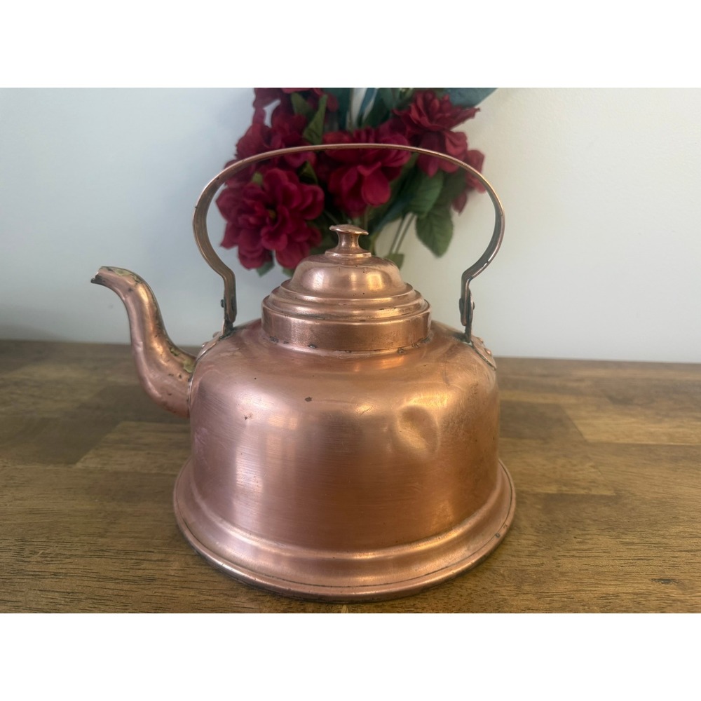 Vintage Copper Plated Tea Kettle Rustic Farmhouse Decor Primitive Kitchen Teapot